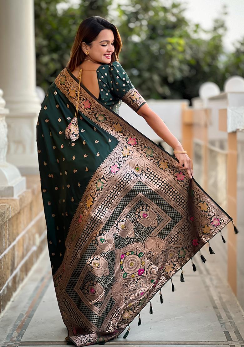 Green Embroidered Silk Saree Set