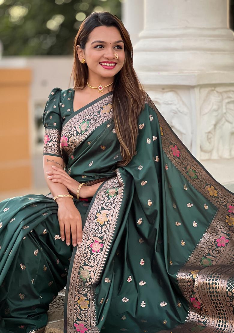 Green Embroidered Silk Saree Set