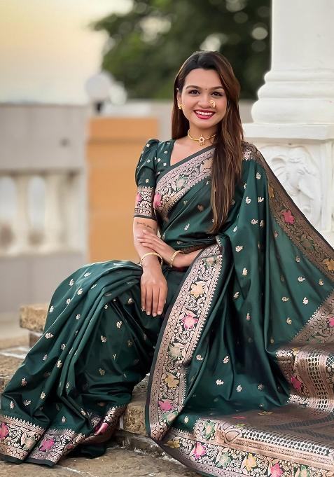 Green Embroidered Silk Saree Set