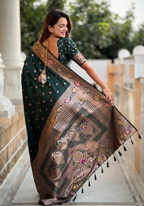 Green Embroidered Silk Saree Set