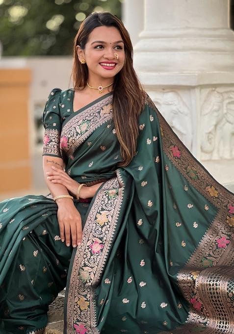 Green Embroidered Silk Saree Set