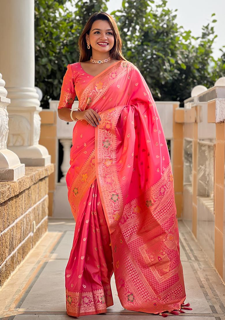 Gajri Red Embroidered Silk Saree Set