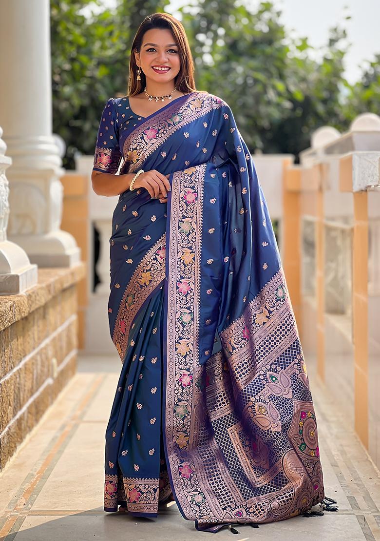 Teal Blue Embroidered Silk Saree Set
