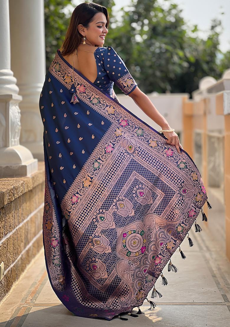 Teal Blue Embroidered Silk Saree Set