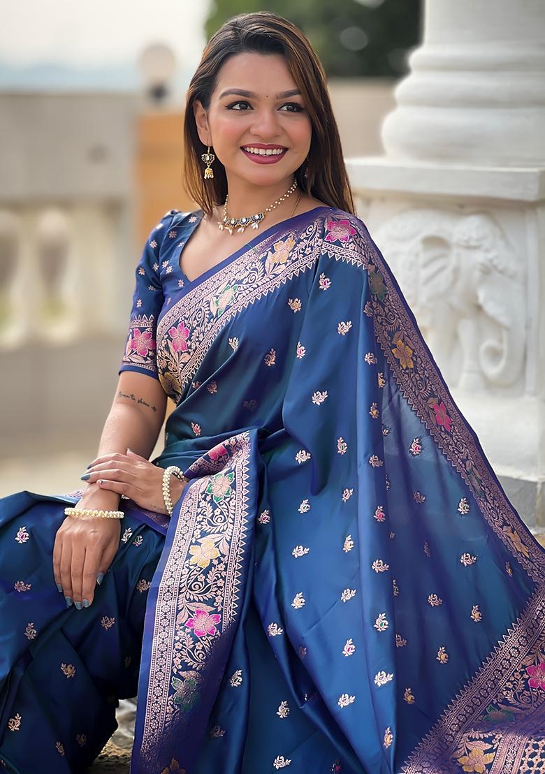 Teal Blue Embroidered Silk Saree Set