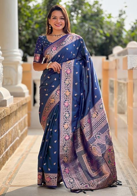 Teal Blue Embroidered Silk Saree Set