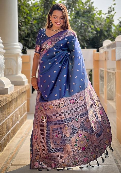 Teal Blue Embroidered Silk Saree Set