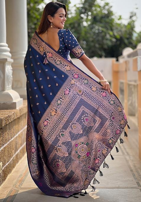 Teal Blue Embroidered Silk Saree Set