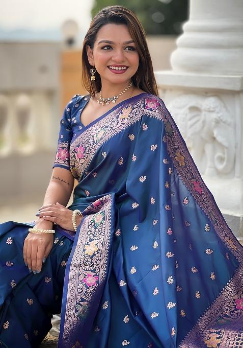 Teal Blue Embroidered Silk Saree Set