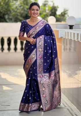 Navy Blue Embroidered Silk Saree Set