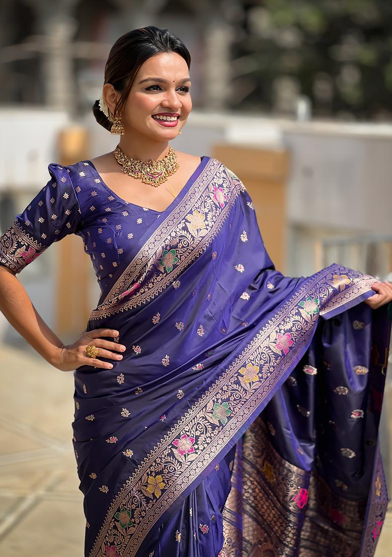 Navy Blue Embroidered Silk Saree Set - Indya