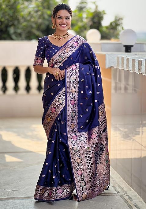 Navy Blue Embroidered Silk Saree Set