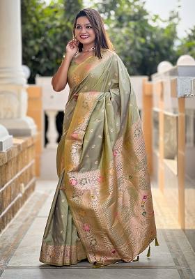 Pista Green Embroidered Silk Saree Set