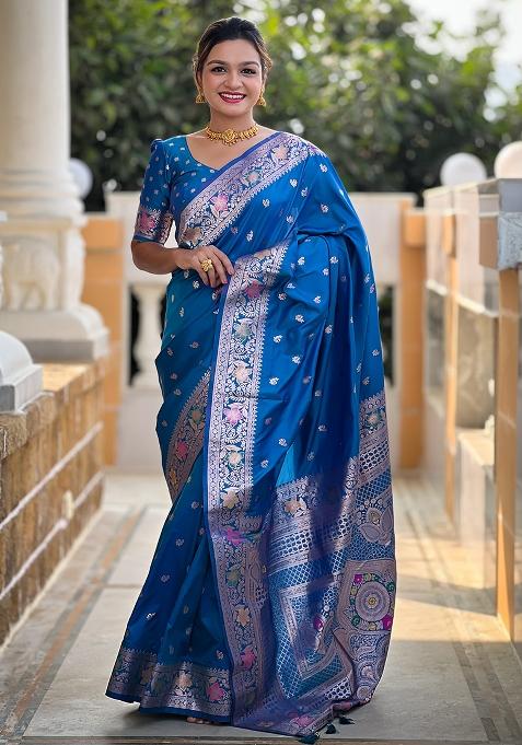 Sky Blue Embroidered Silk Saree Set