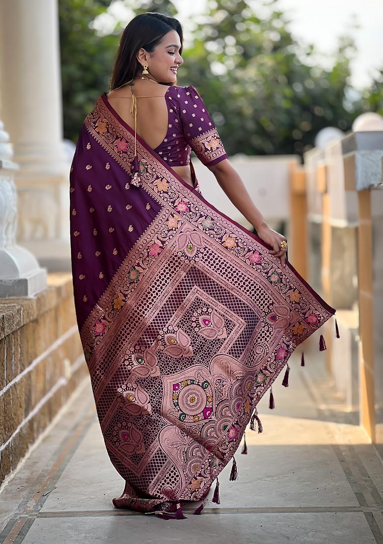 Wine Embroidered Silk Saree Set