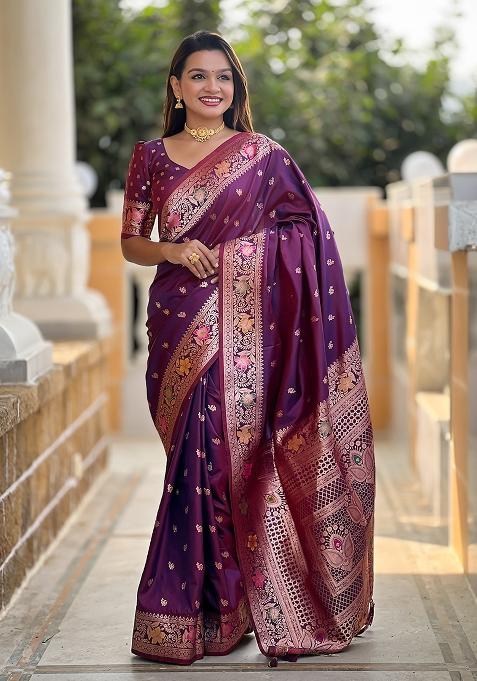 Wine Embroidered Silk Saree Set