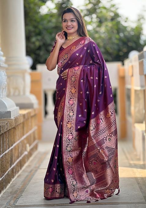 Wine Embroidered Silk Saree Set