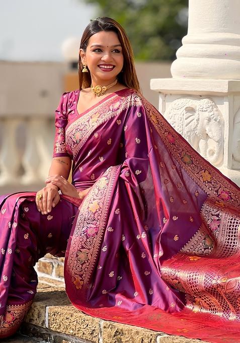 Wine Embroidered Silk Saree Set