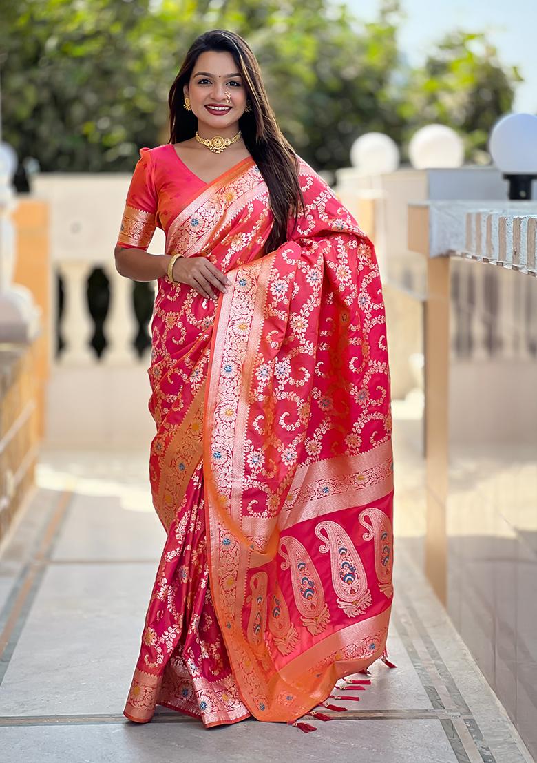 Gajri Red Embroidered Silk Saree Set