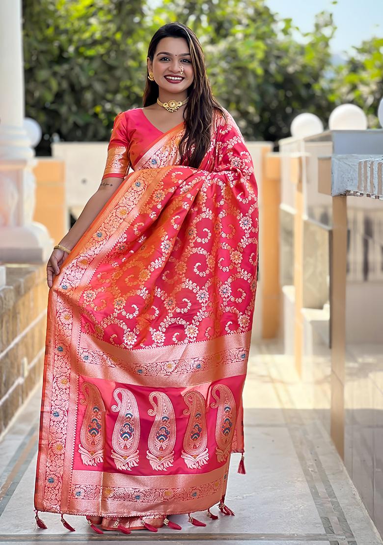 Gajri Red Embroidered Silk Saree Set