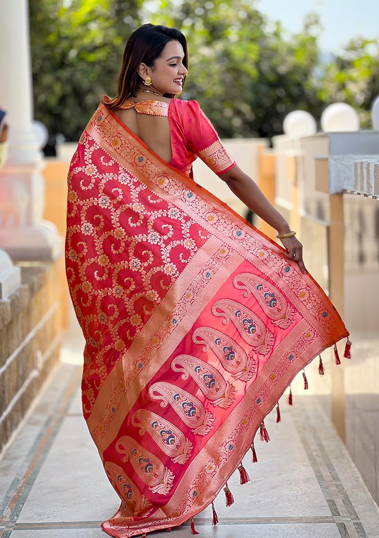 Gajri Red Embroidered Silk Saree Set
