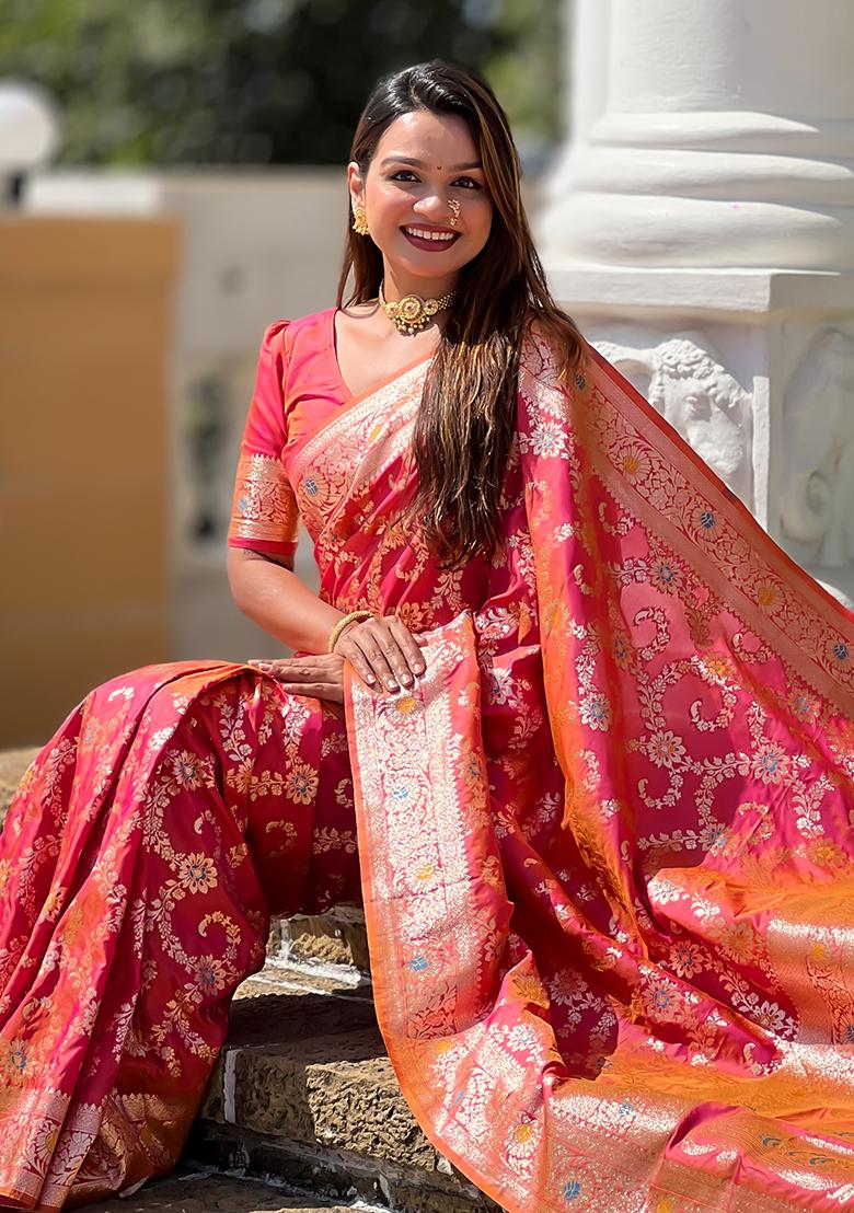 Gajri Red Embroidered Silk Saree Set
