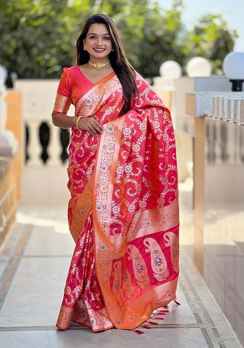 Gajri Red Embroidered Silk Saree Set