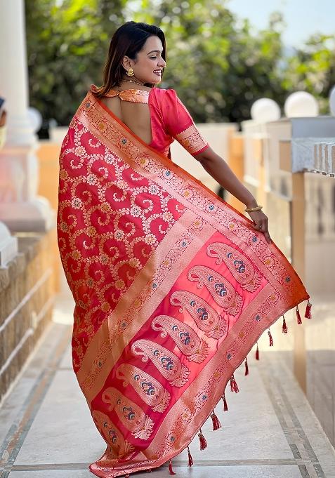 Gajri Red Embroidered Silk Saree Set