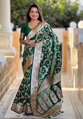 Green Embroidered Silk Saree Set