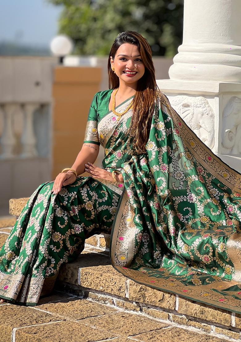 Green Embroidered Silk Saree Set - Indya