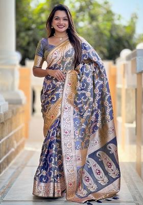 Grey Embroidered Silk Saree Set