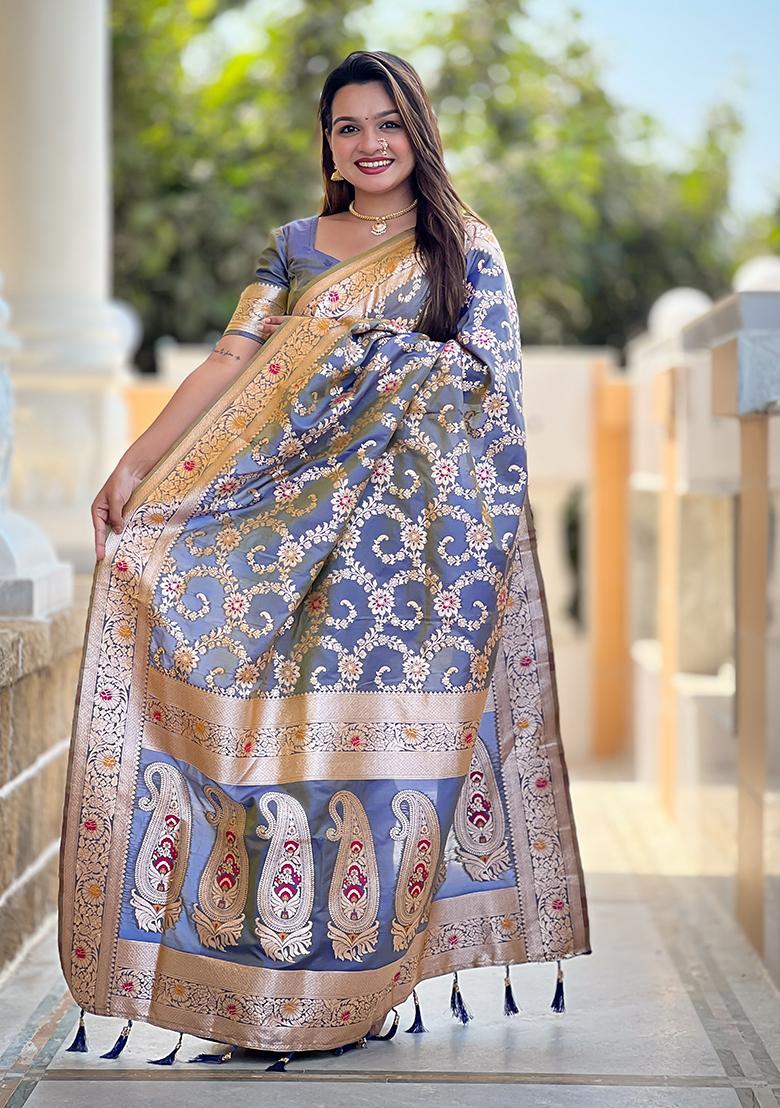 Grey Embroidered Silk Saree Set