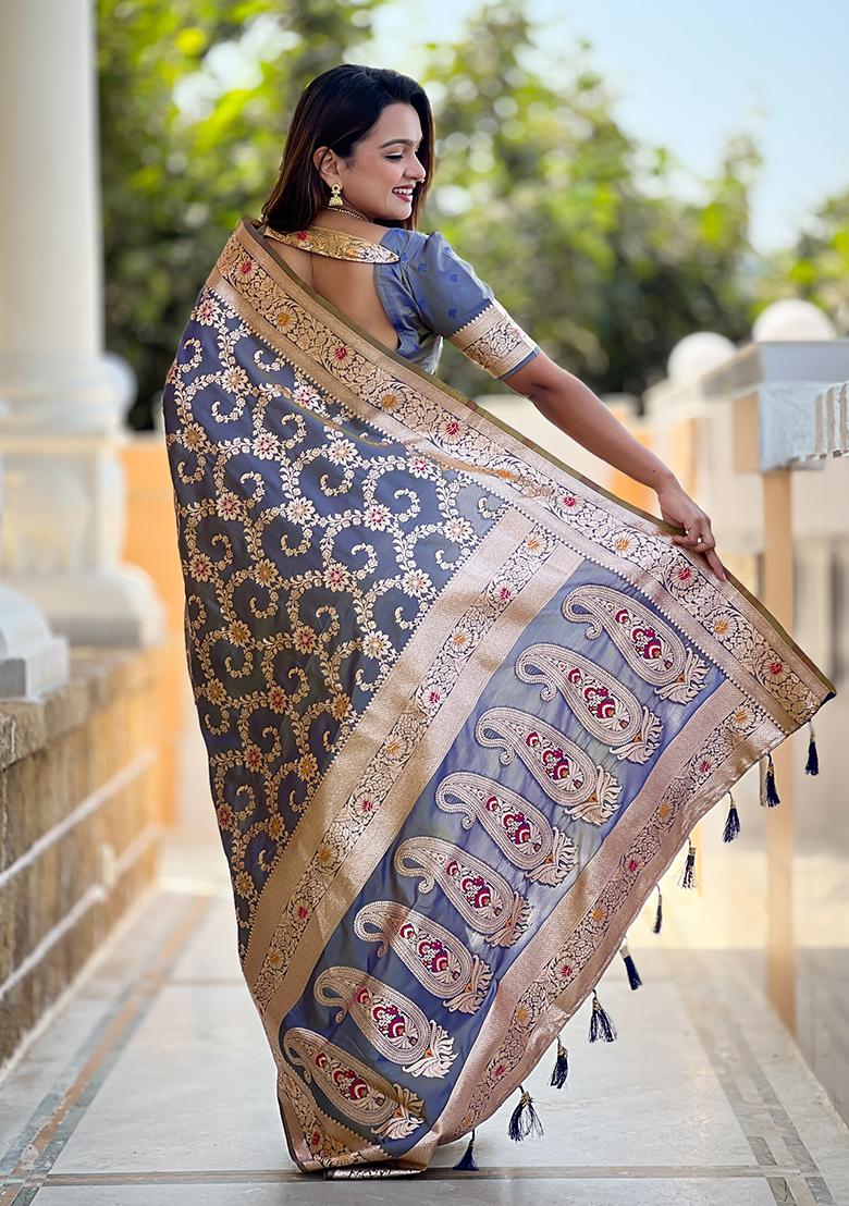 Grey Embroidered Silk Saree Set