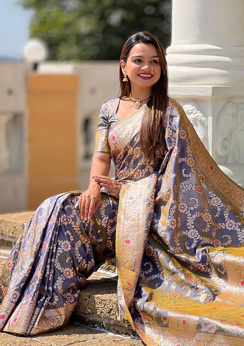 Grey Embroidered Silk Saree Set