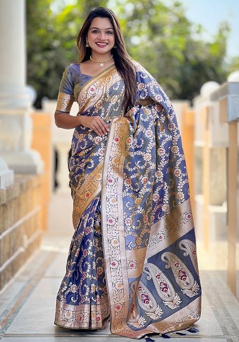 Grey Embroidered Silk Saree Set