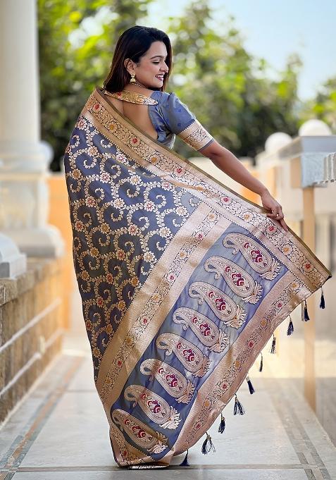 Grey Embroidered Silk Saree Set