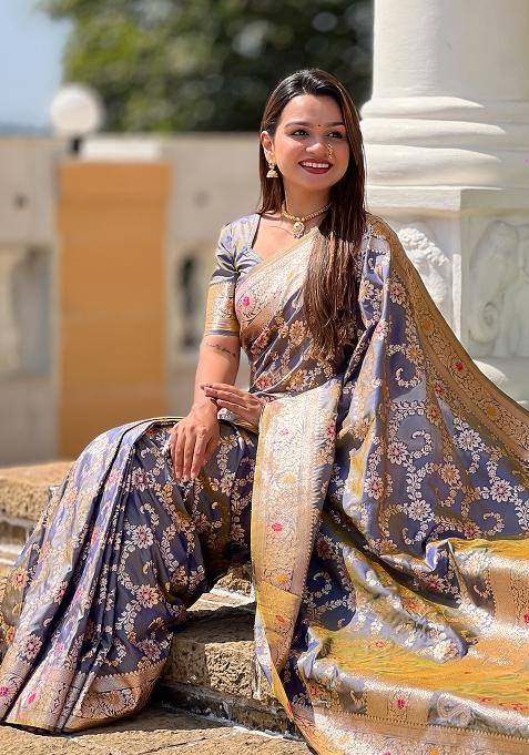 Grey Embroidered Silk Saree Set