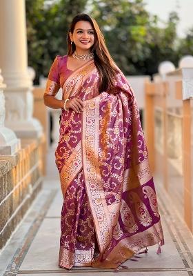 Onion Pink Embroidered Silk Saree Set