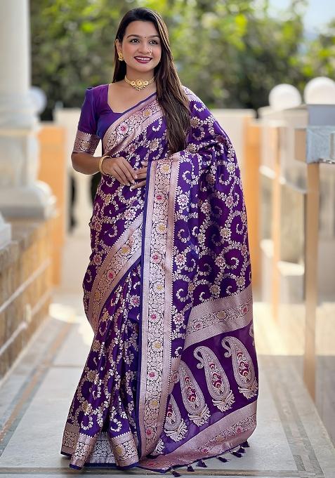 Purple Embroidered Silk Saree Set