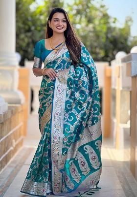 Rama Blue Embroidered Silk Saree Set