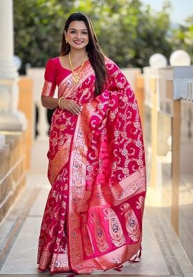 Rani Pink Embroidered Silk Saree Set