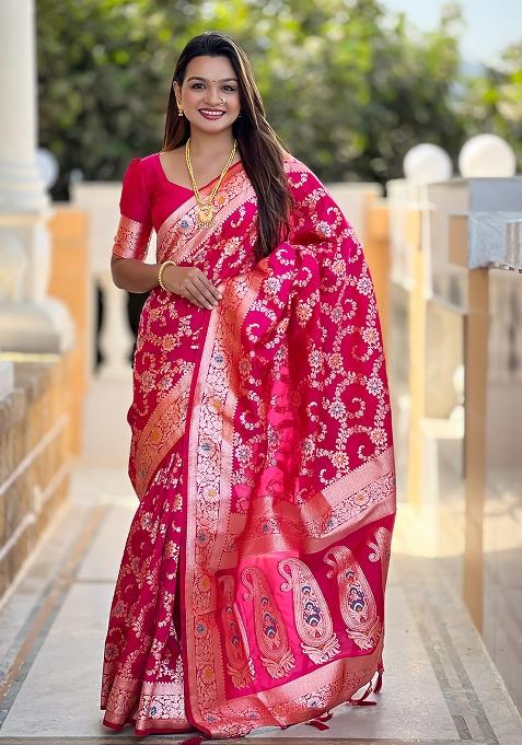 Rani Pink Embroidered Silk Saree Set