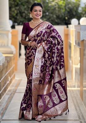 Wine Embroidered Silk Saree Set