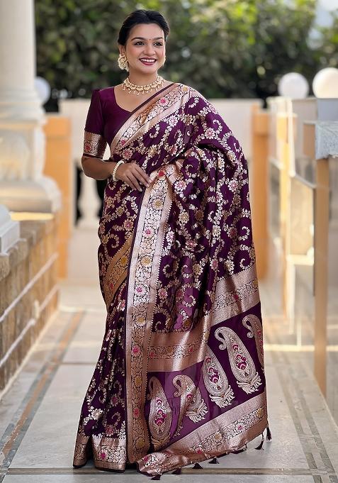 Wine Embroidered Silk Saree Set