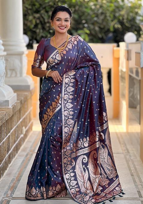 Dark Grey Embroidered Silk Saree Set 