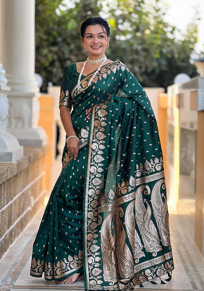 Green Embroidered Silk Saree Set  - Indya