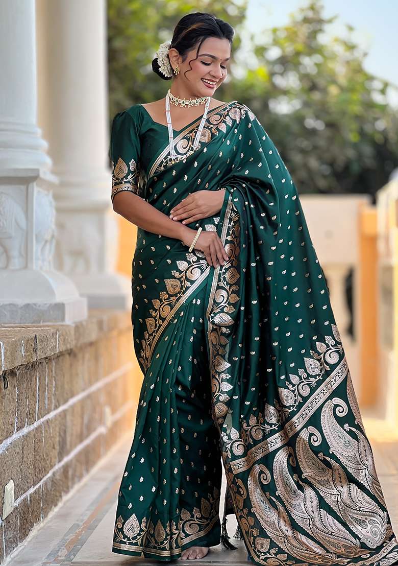Green Embroidered Silk Saree Set  - Indya