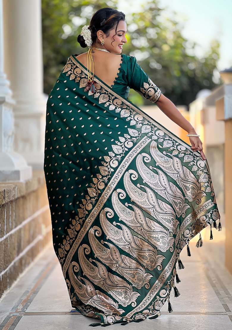 Green Embroidered Silk Saree Set  - Indya