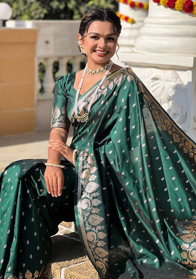 Green Embroidered Silk Saree Set  - Indya