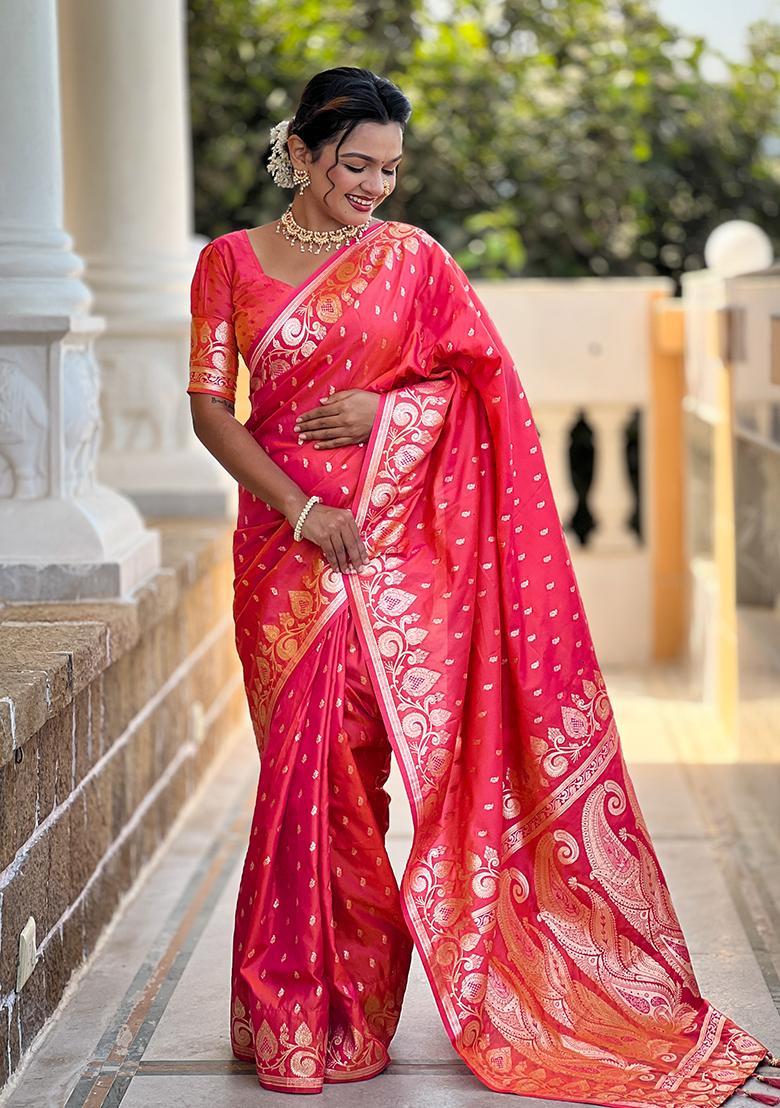 Gajri Red Embroidered Silk Saree Set